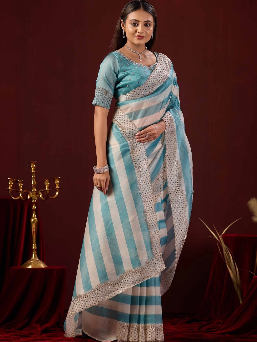 WEAROMA COUTURE Striped Beads and Stones Tissue Saree - back view