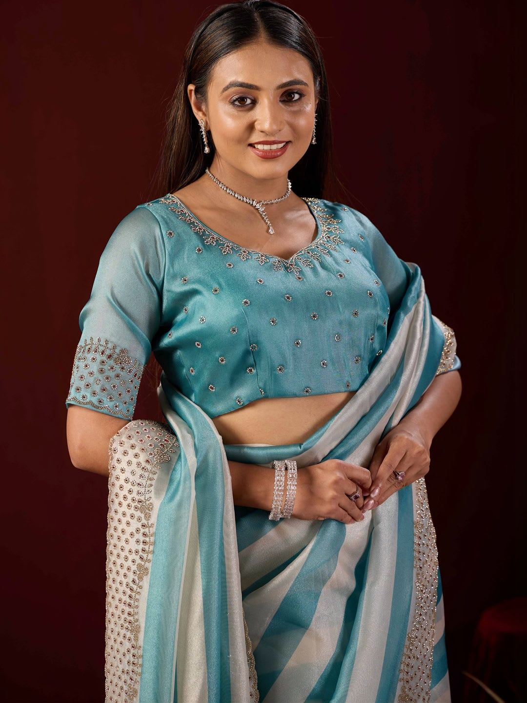 WEAROMA COUTURE Striped Beads and Stones Tissue Saree - left view