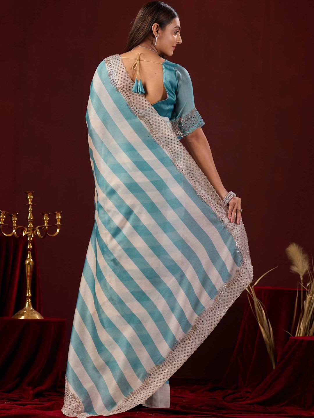 WEAROMA COUTURE Striped Beads and Stones Tissue Saree - right view