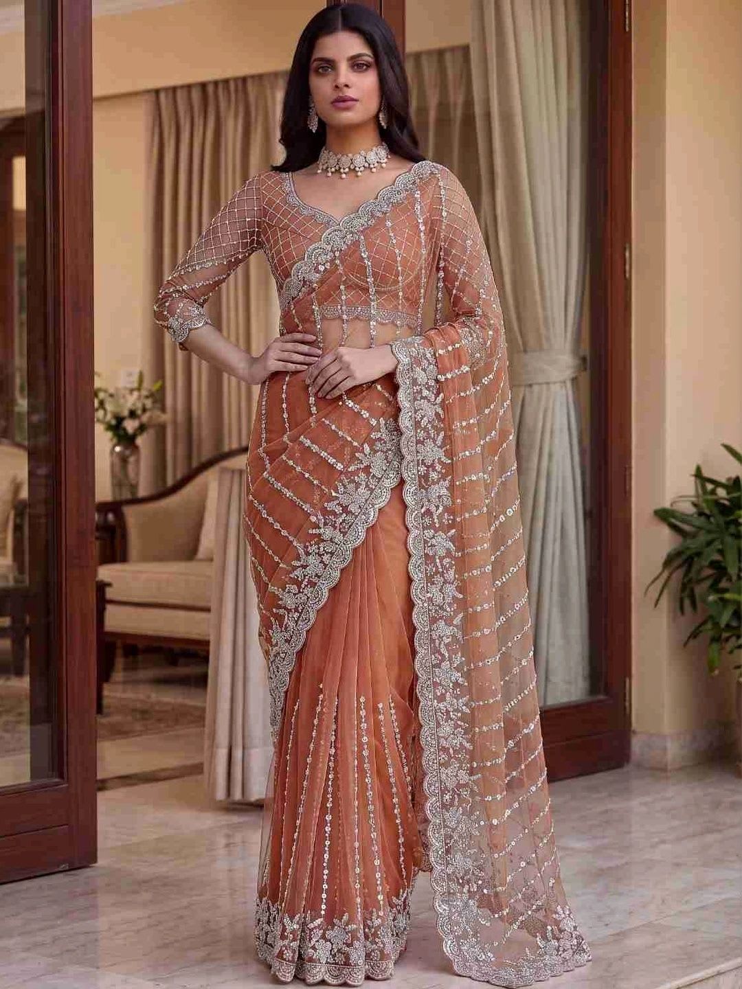 NARI DREAM Embroidered Net Heavy Work Saree - default view