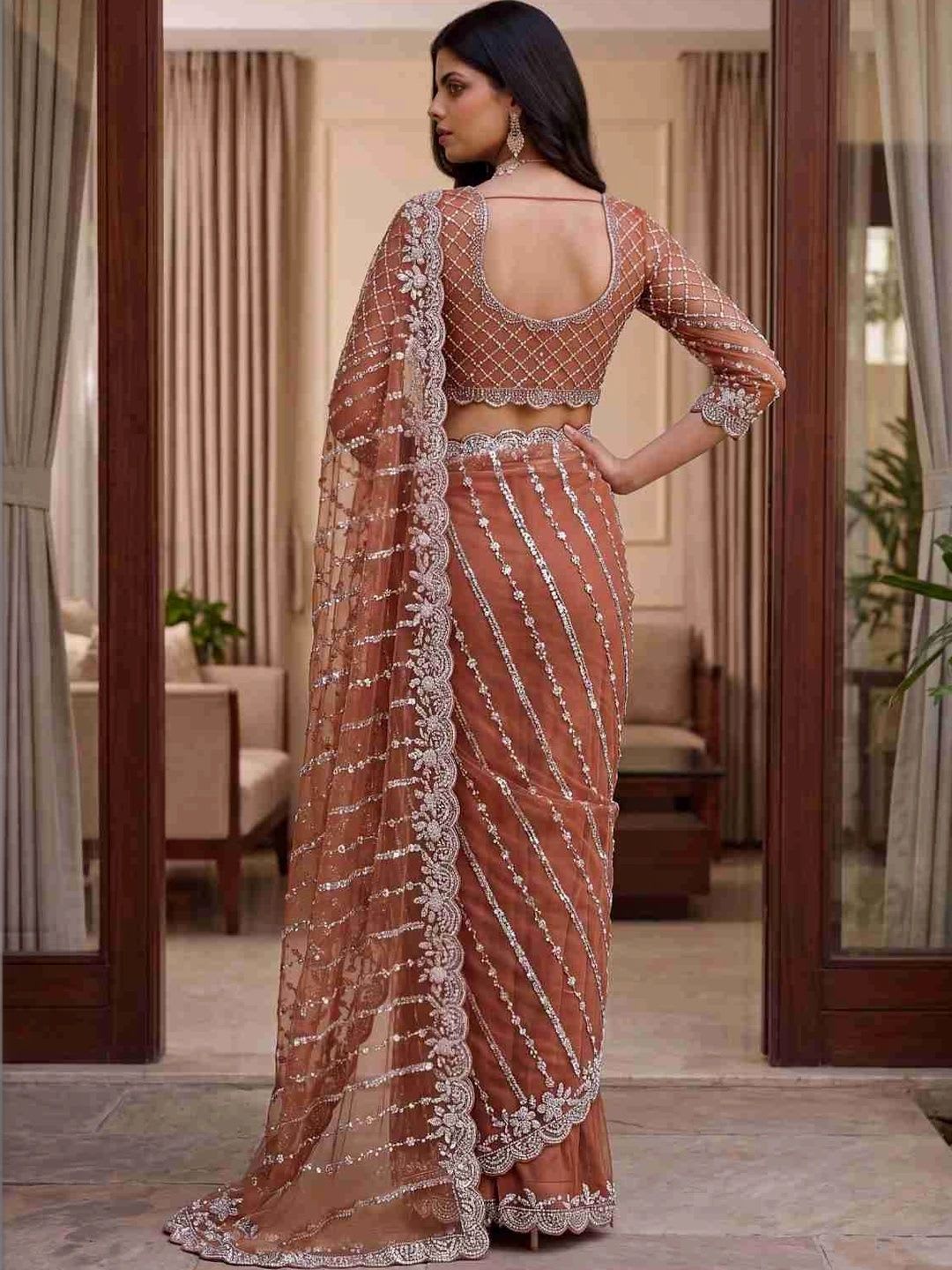 NARI DREAM Embroidered Net Heavy Work Saree - right view