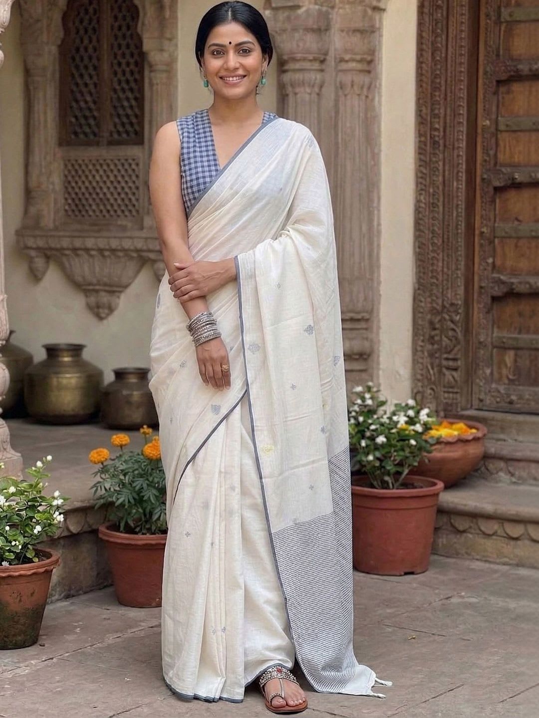 BerMondsey Woven Design Linen Blend Saree - default view