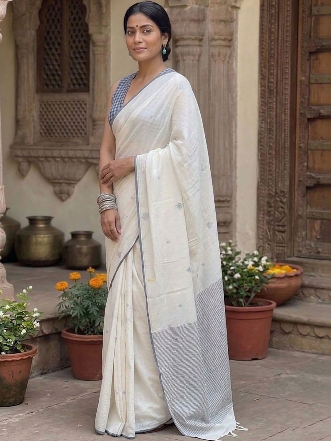 BerMondsey Woven Design Linen Blend Saree - back view
