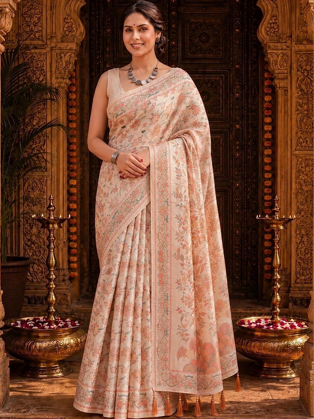 BerMondsey Floral Linen Blend Saree - default view