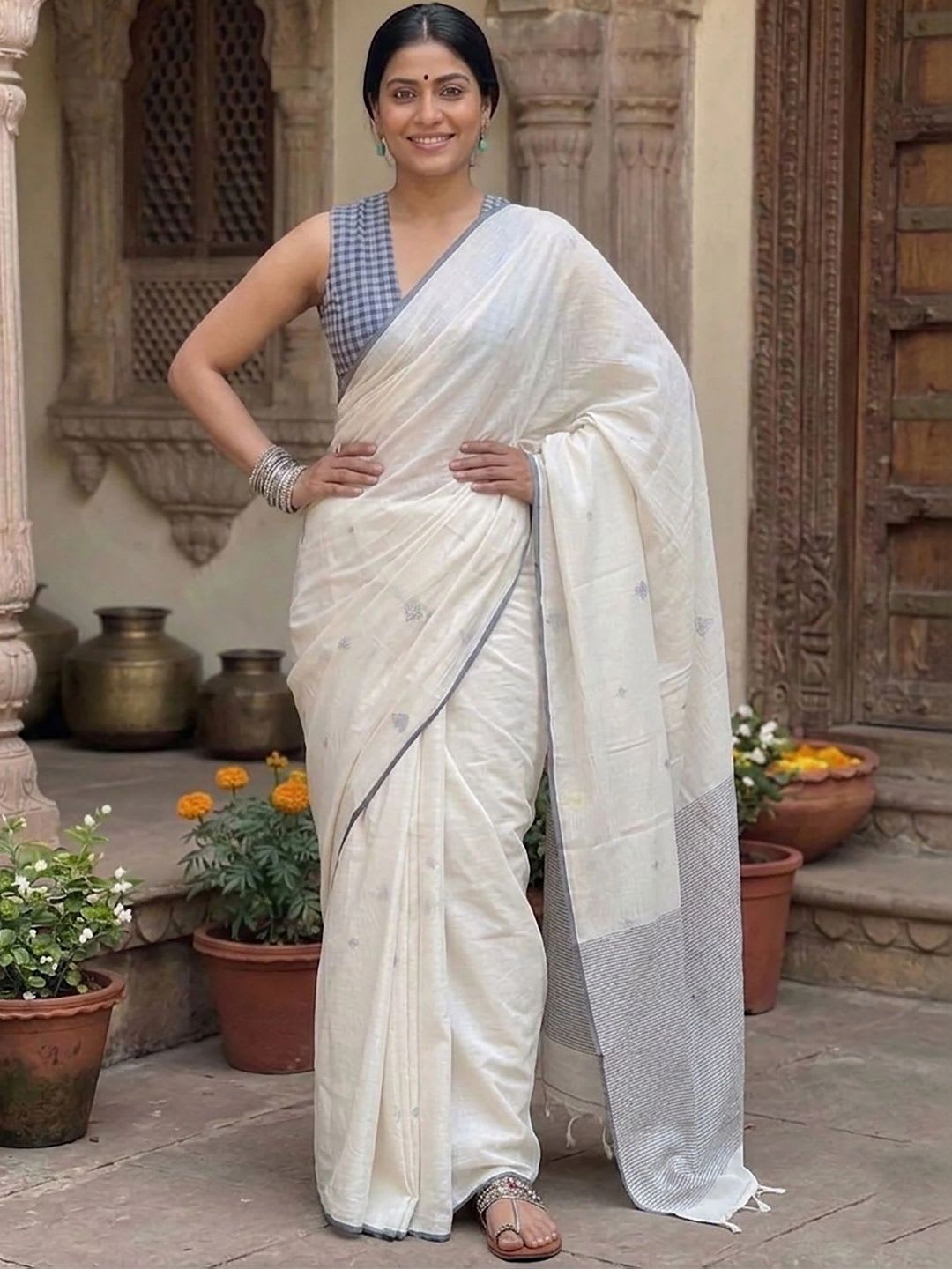 BerMondsey Woven Design Linen Blend Saree - left view
