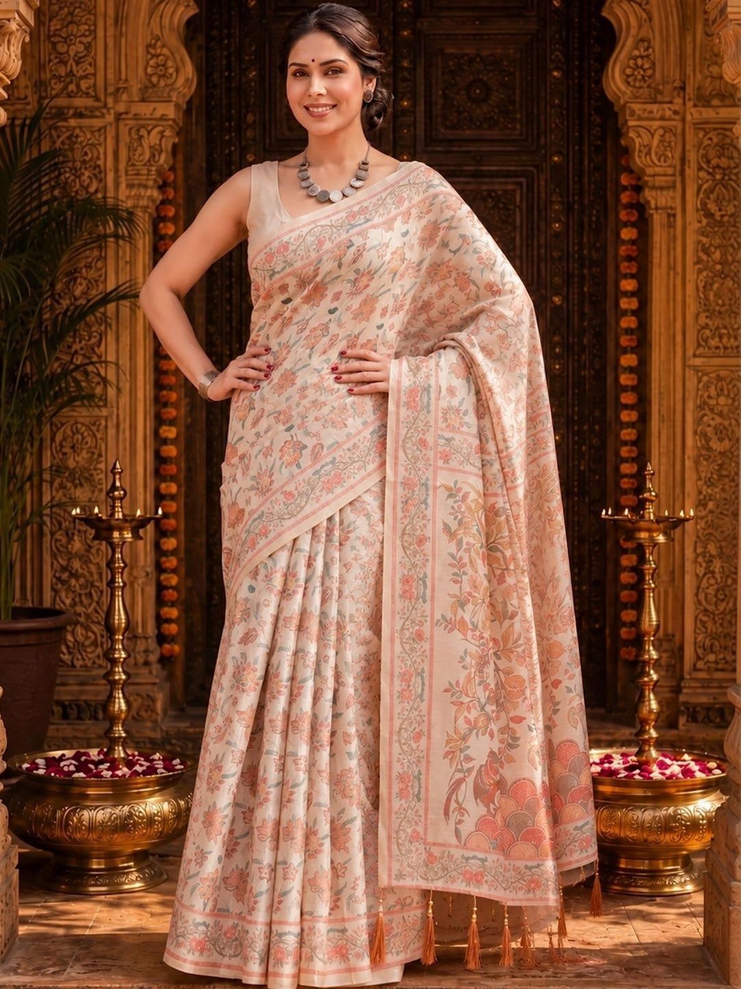 BerMondsey Floral Linen Blend Saree - back view