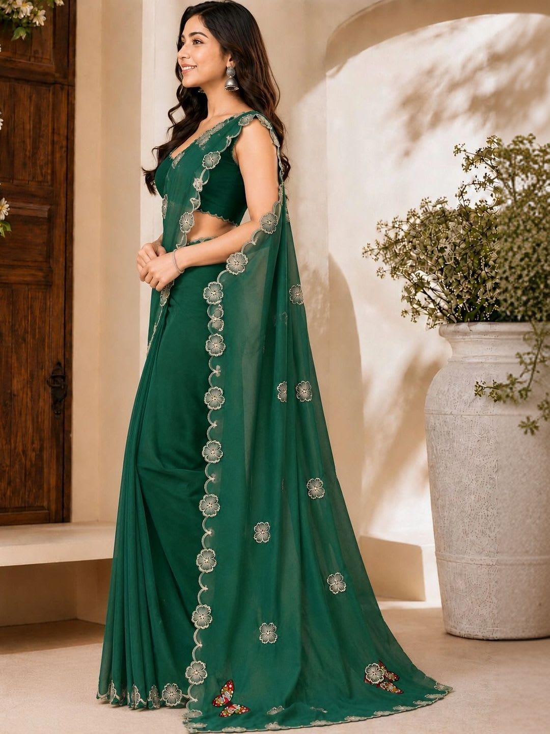 NILRUDRA Floral Beads and Stones Poly Georgette Heavy Work Banarasi Saree - left view