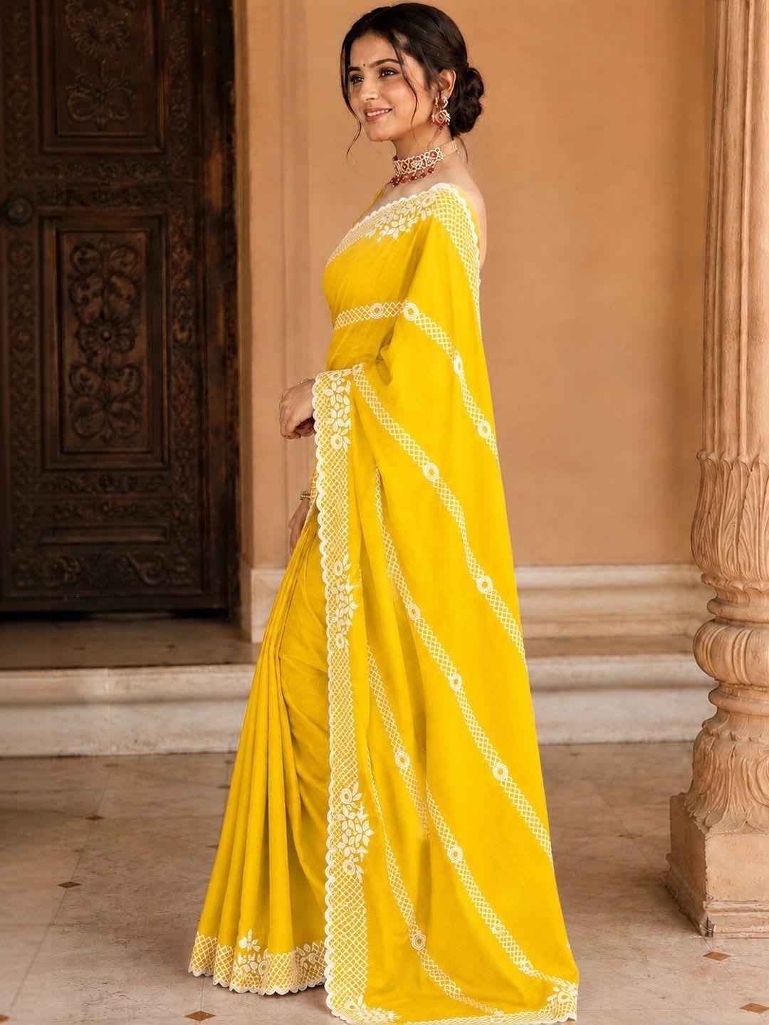 NILRUDRA Floral Embroidered Poly Georgette Banarasi Saree - back view