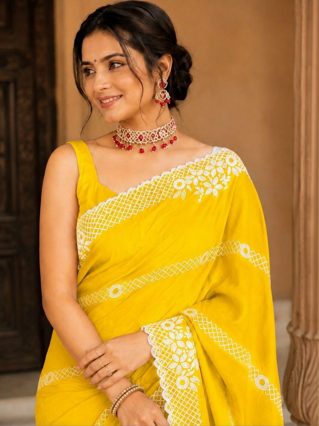 NILRUDRA Floral Embroidered Poly Georgette Banarasi Saree - left view