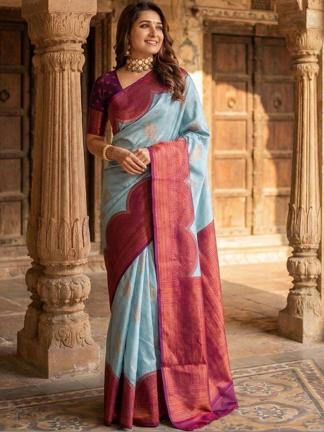 BerMondsey Woven Design Zari Silk Blend Banarasi Saree - back view