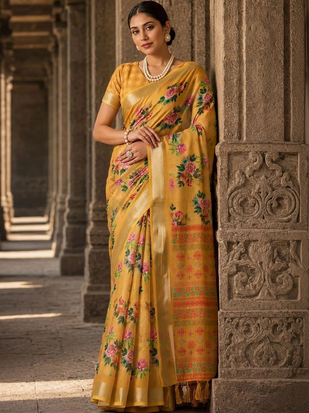 BerMondsey Floral Linen Blend Saree - default view