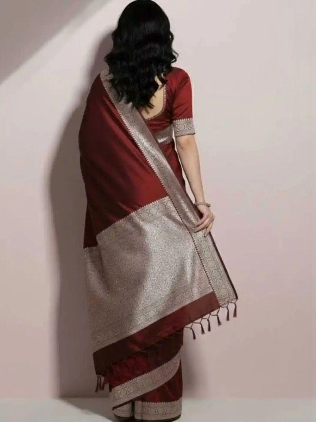 SHOPSILK Zari Satin Half and Half Banarasi Saree - back view