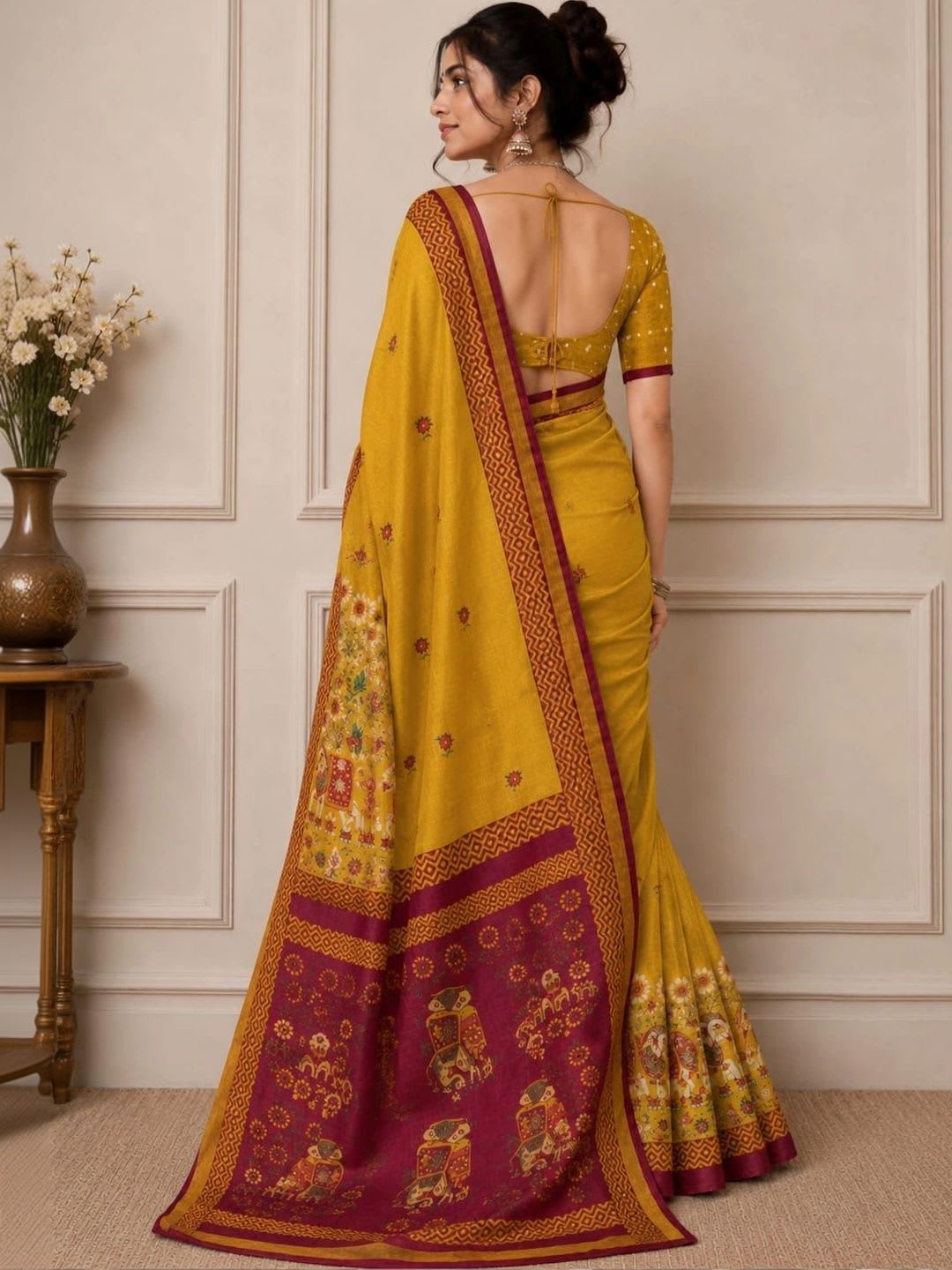 Gauri Blessings Linen Blend Designer Saree - back view