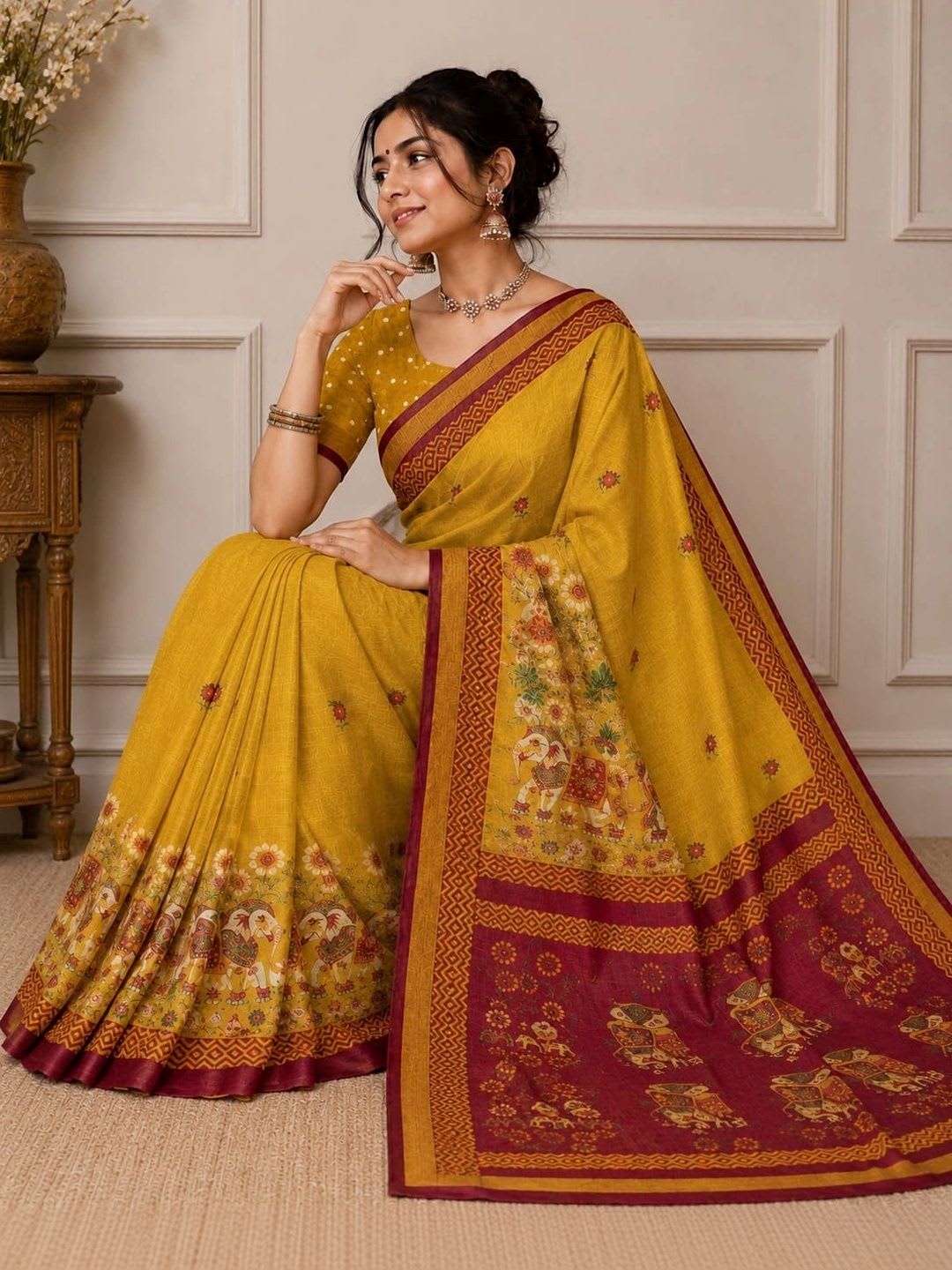 Gauri Blessings Linen Blend Designer Saree - left view