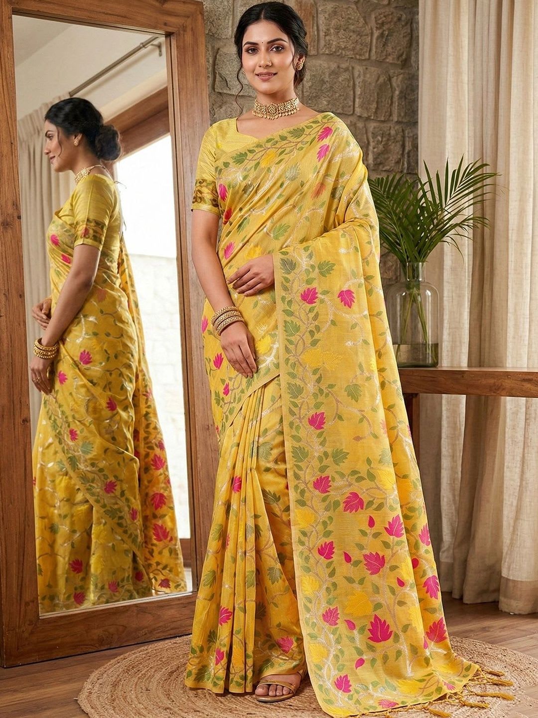 KALINI Floral Zari Linen Blend Designer Saree - default view