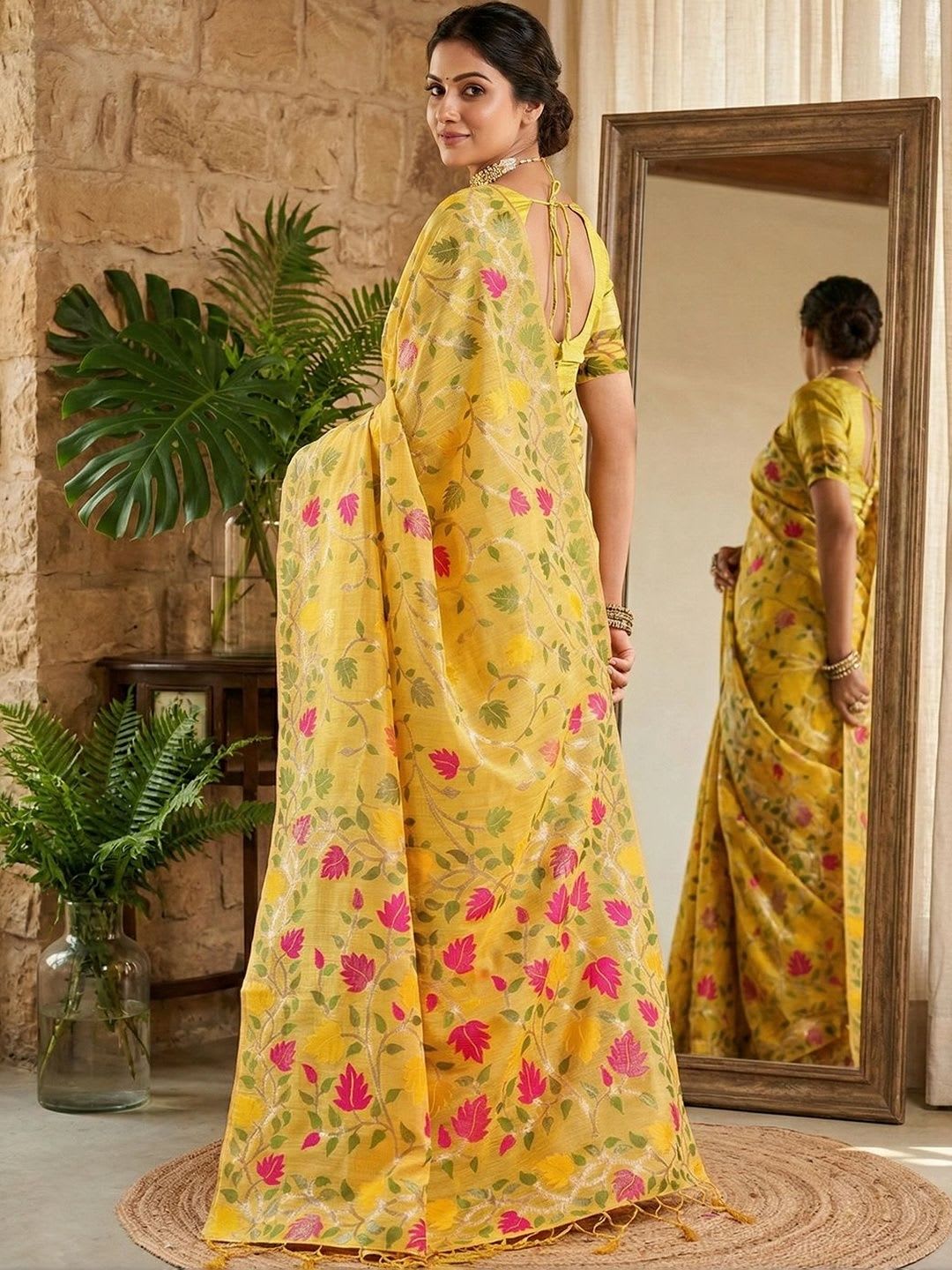 KALINI Floral Zari Linen Blend Designer Saree - back view