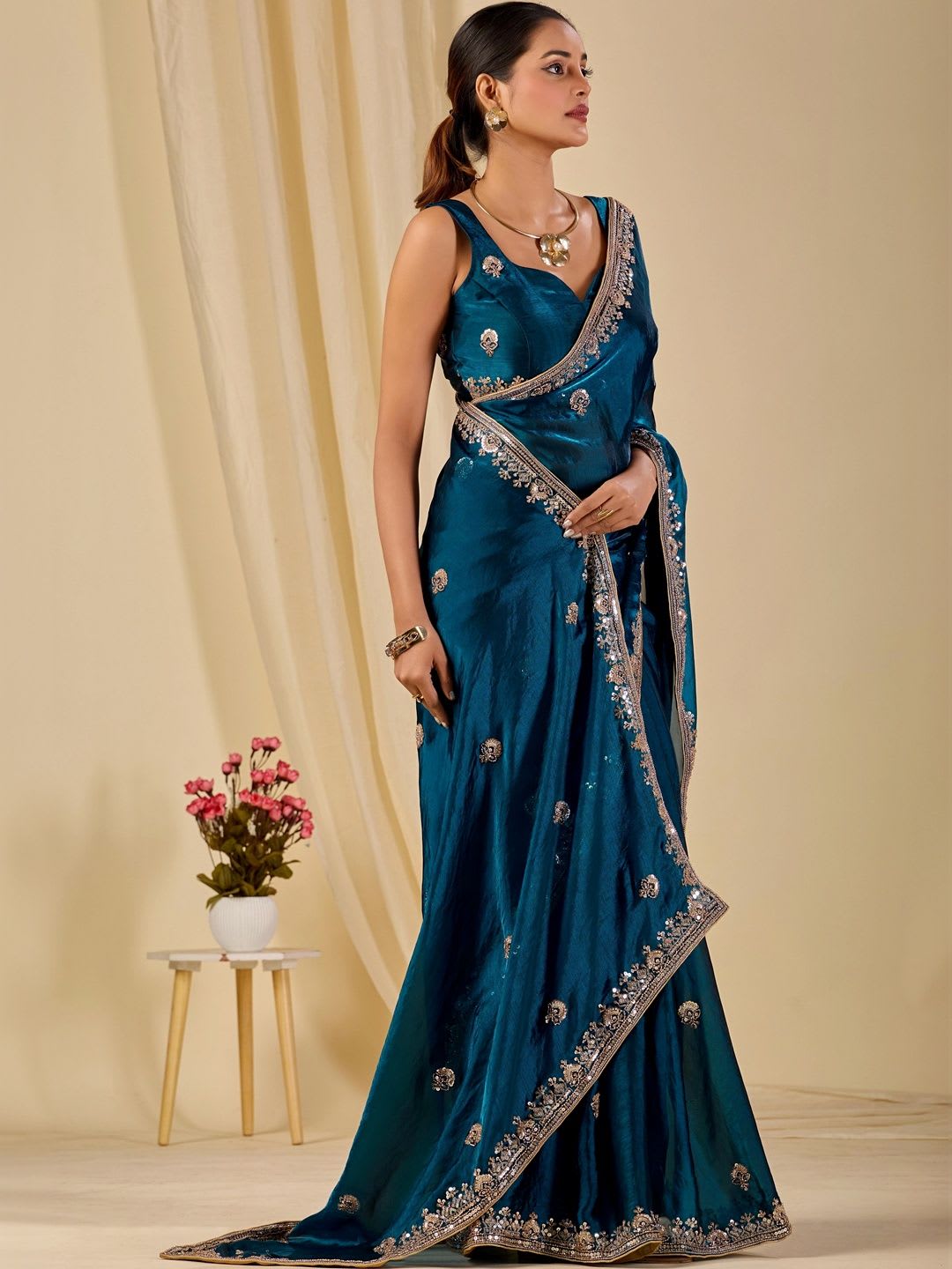 KALINI Ethnic Motifs Embroidered Organza Saree - back view