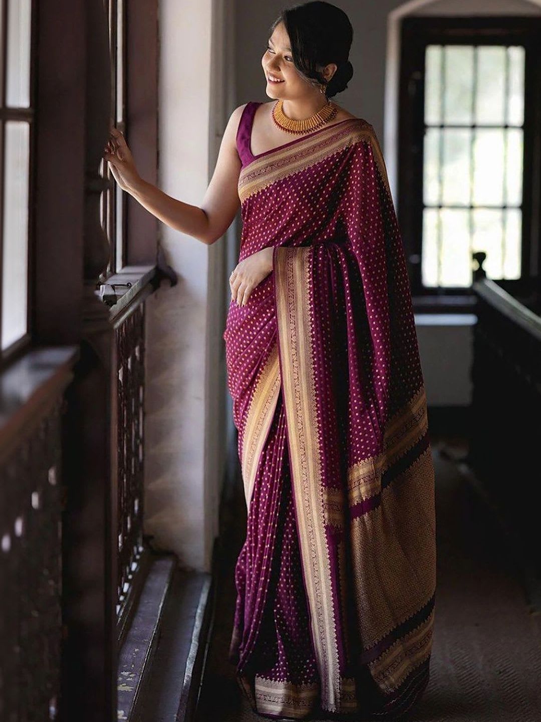 BerMondsey Polka Dot Zari Silk Blend Saree - default view