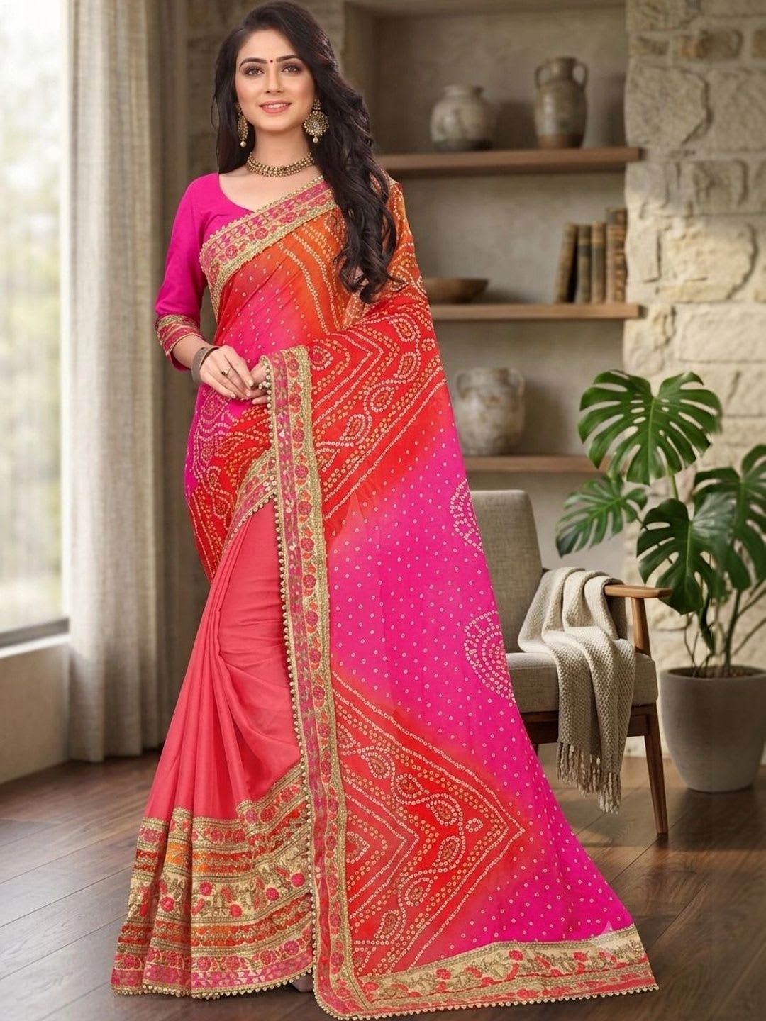 TINA FASHION Bandhani Embroidered Poly Chiffon Designer Bandhani Saree - default view