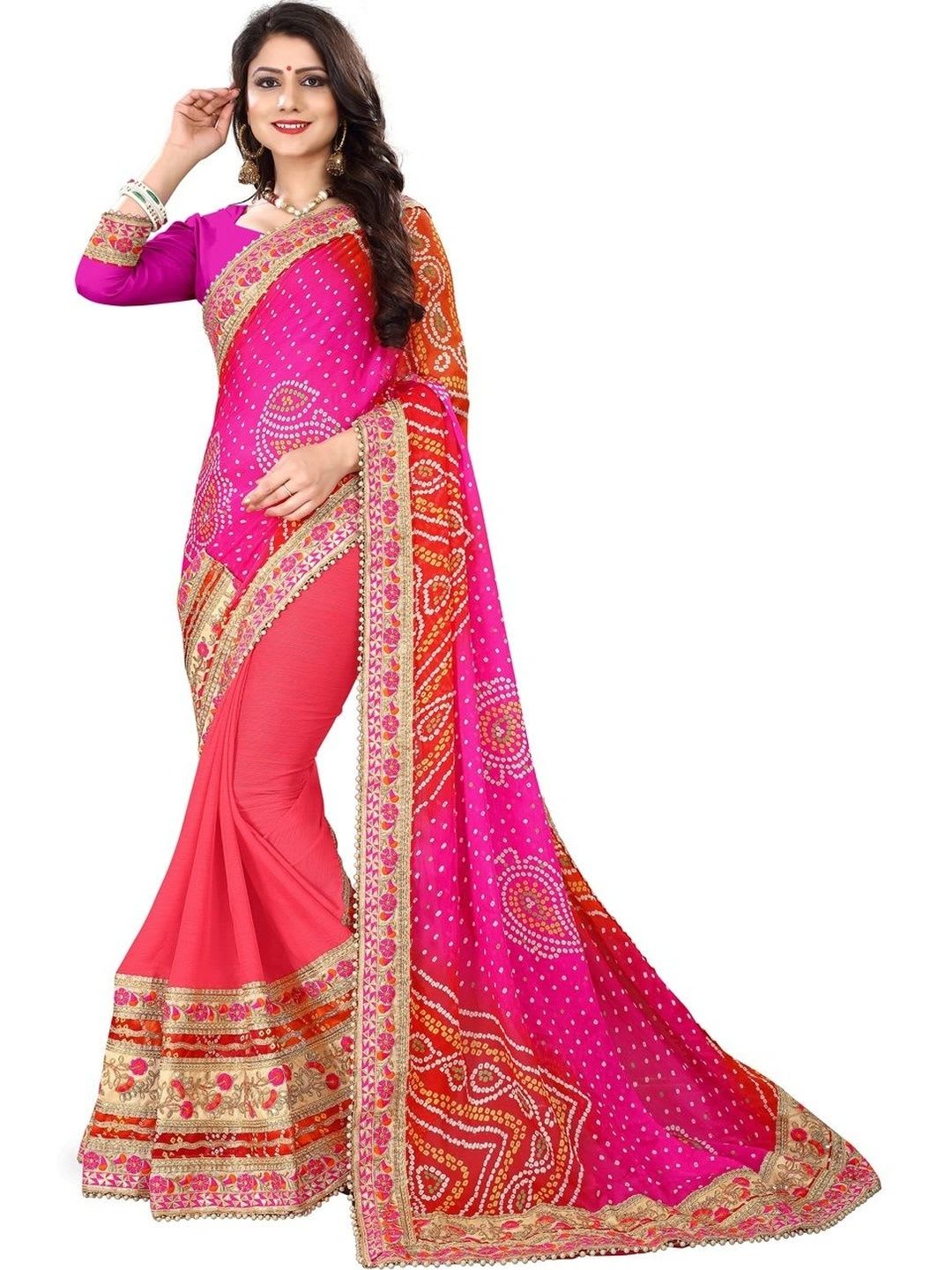 TINA FASHION Bandhani Embroidered Poly Chiffon Designer Bandhani Saree - left view