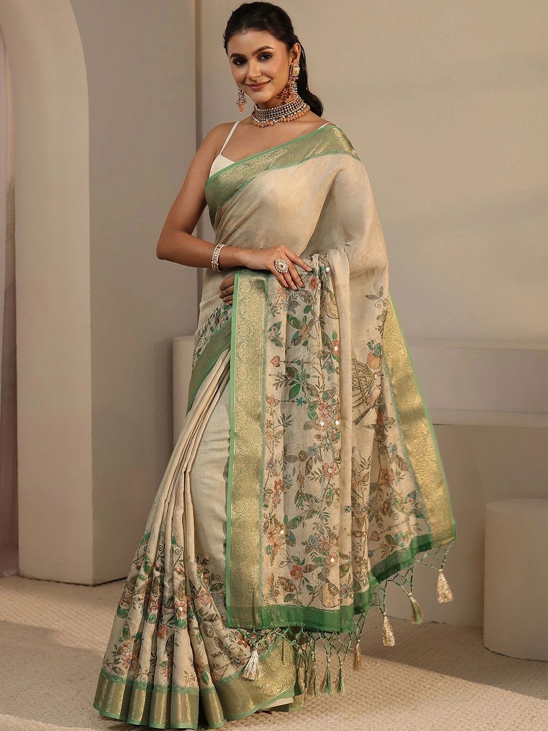 Libas Floral Zari Silk Blend Saree - left view
