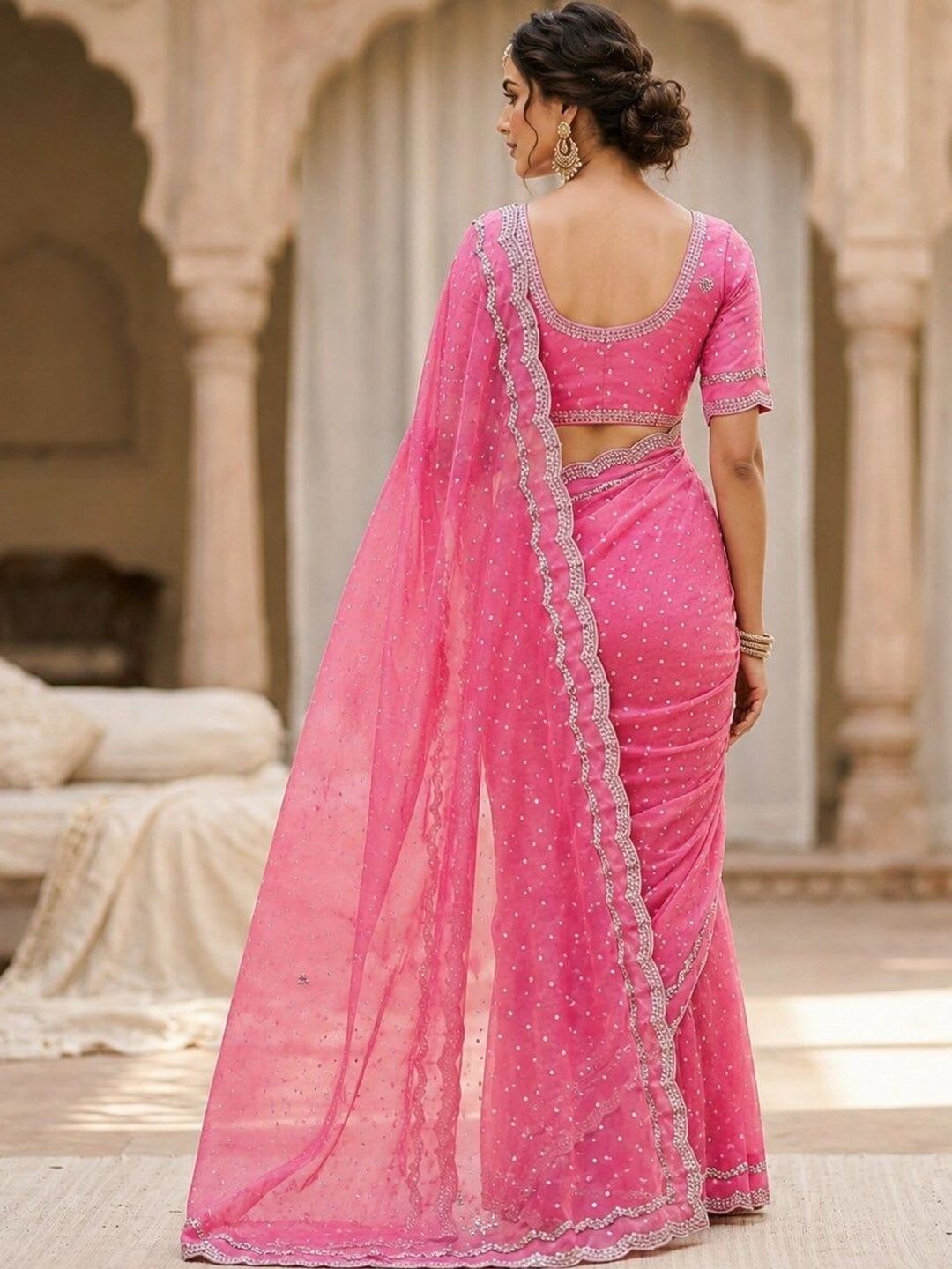 A.G.M.G FASHION Embellished Embroidered Poly Chiffon Fusion Saree - back view