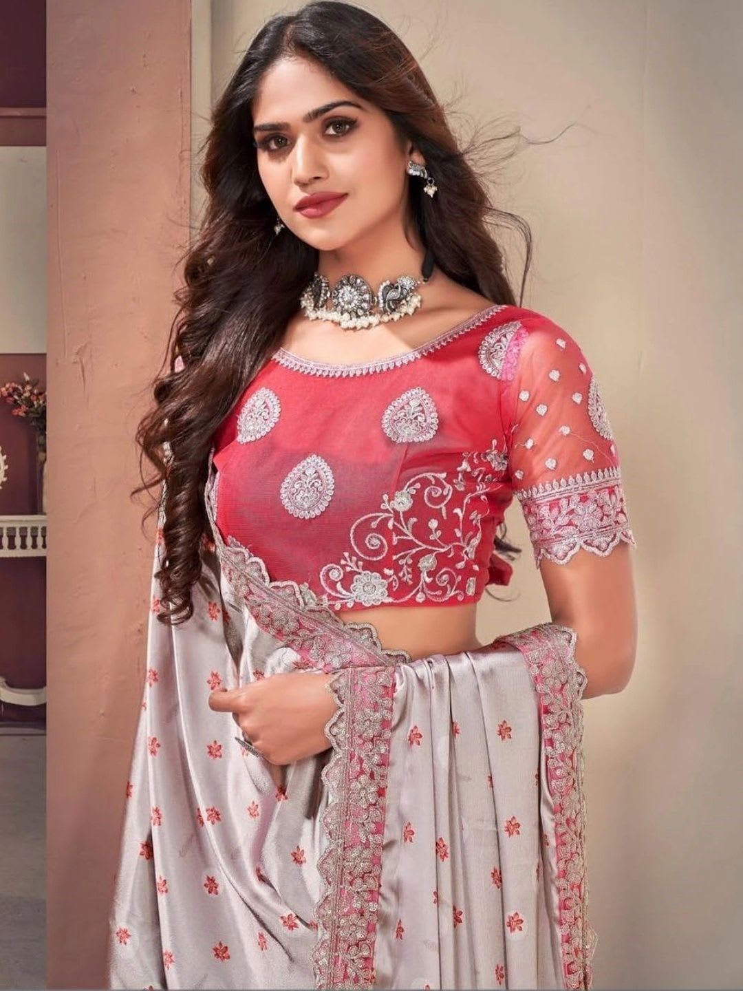 MAHALASA Floral Embroidered Organza Saree - back view