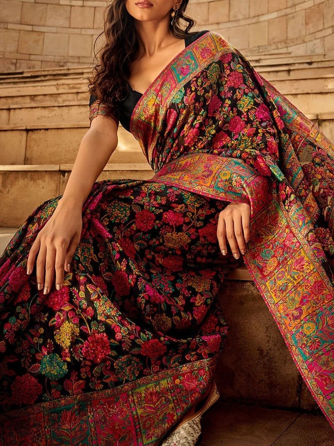 ASILYN Floral Zari Pashmina Banarasi Saree - left view