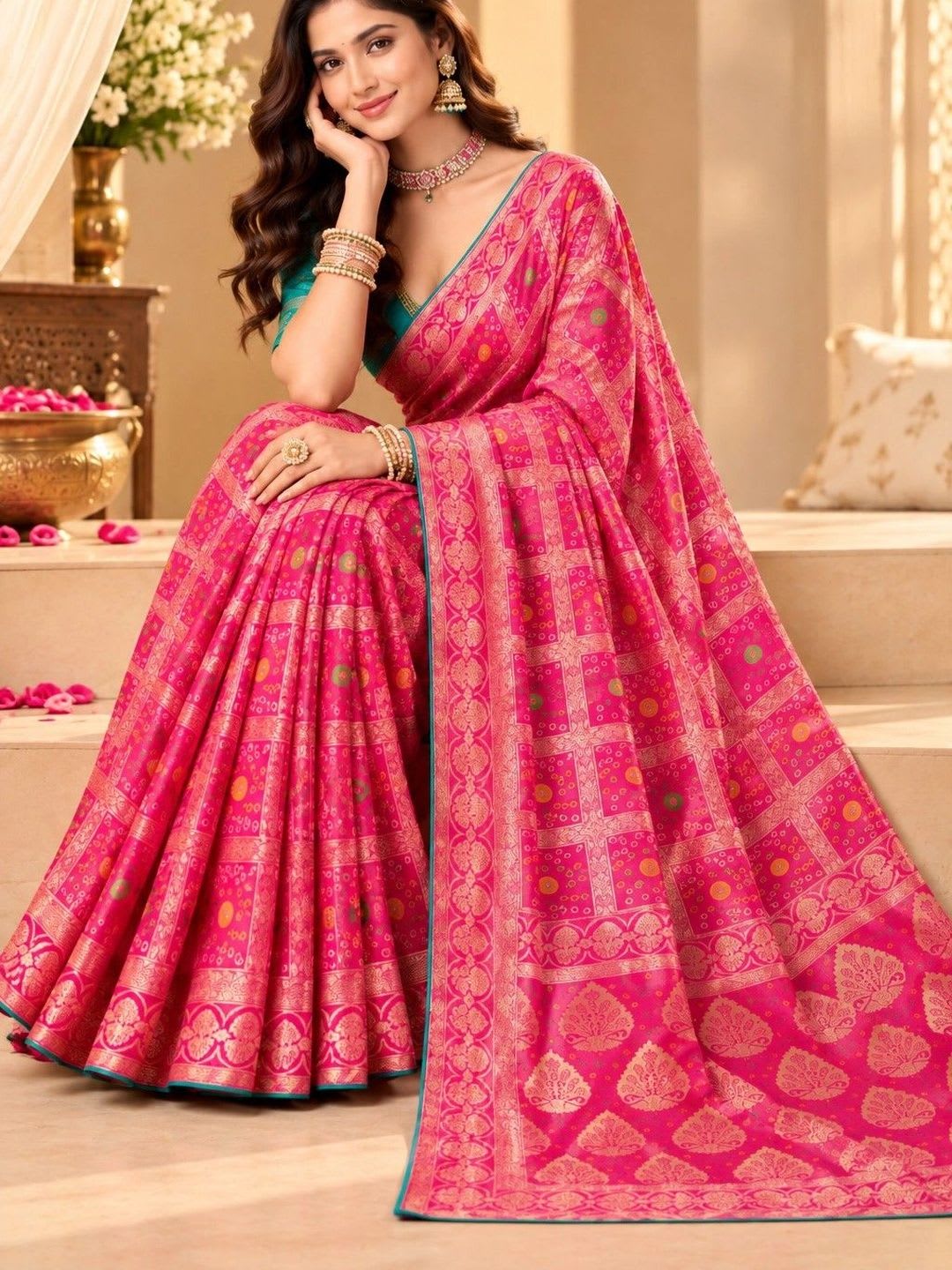Mitera Woven Design Zari Satin Designer Bandhani Saree - left view