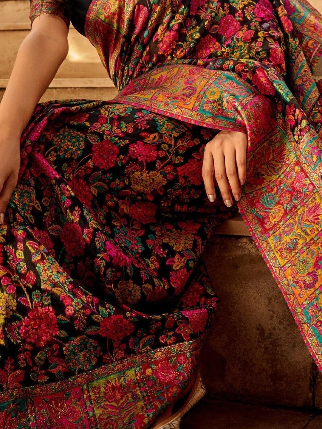 ASILYN Floral Zari Pashmina Banarasi Saree - back view