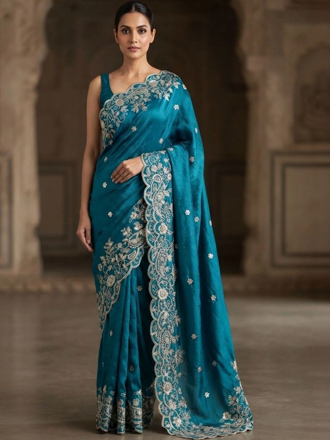 preetisutra Floral Embroidered Pure Silk Saree - default view
