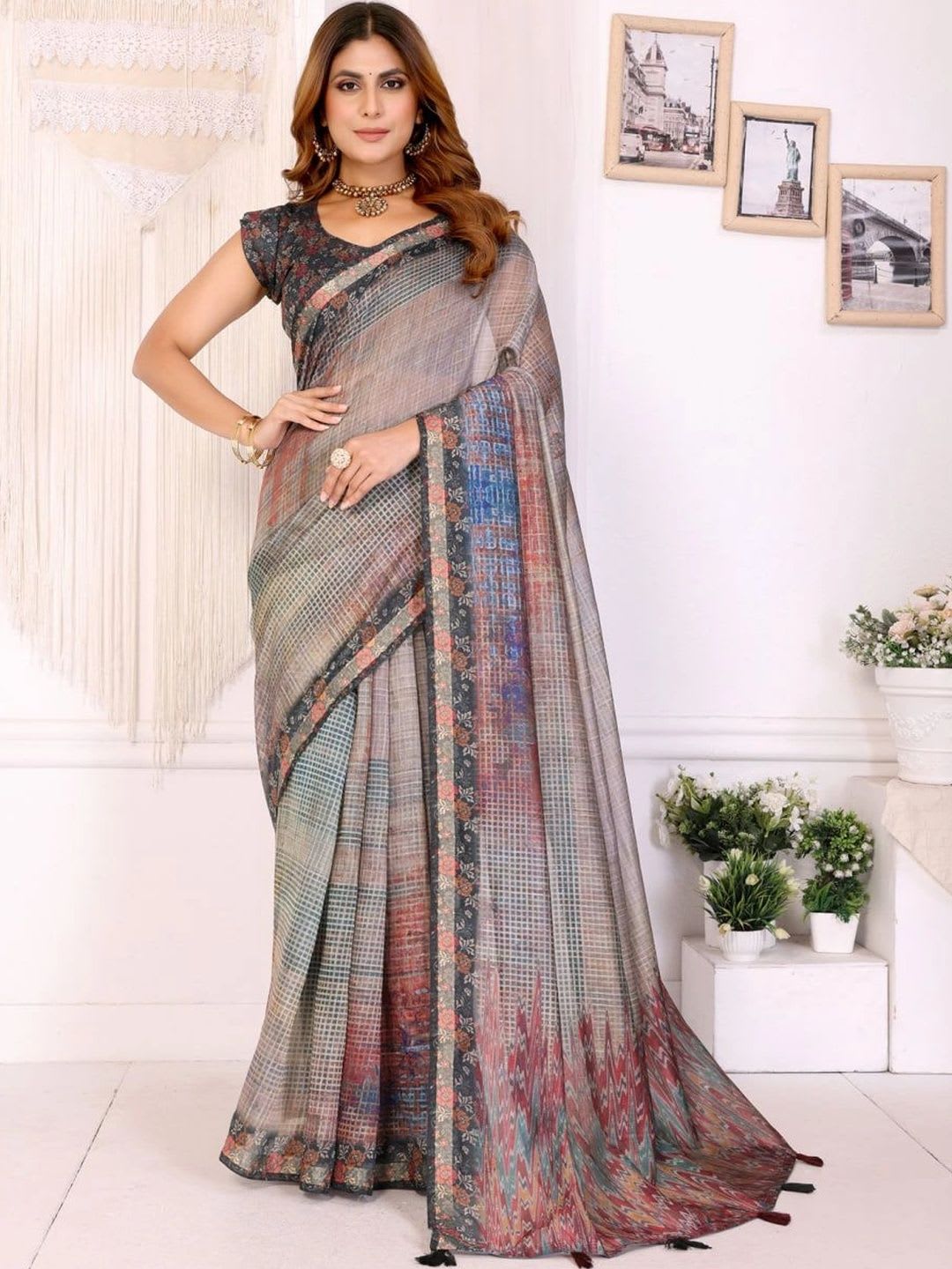 Rudraksh Fashion Striped Linen Blend Ikat Saree - default view