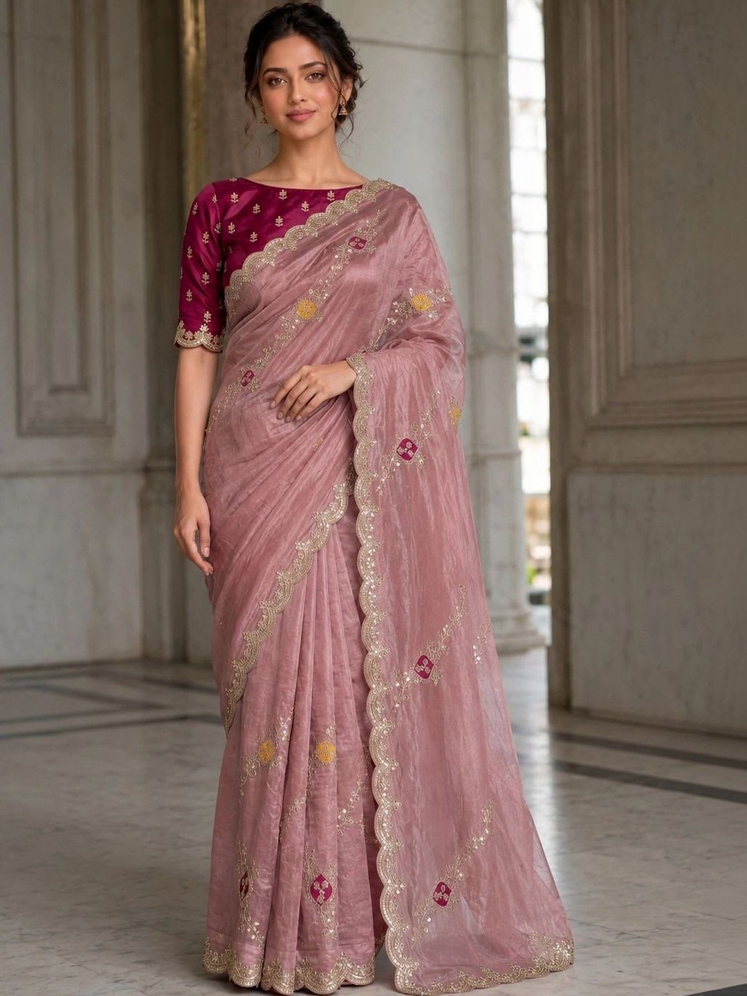 HERE&NOW Floral Embroidered Tissue Saree - default view