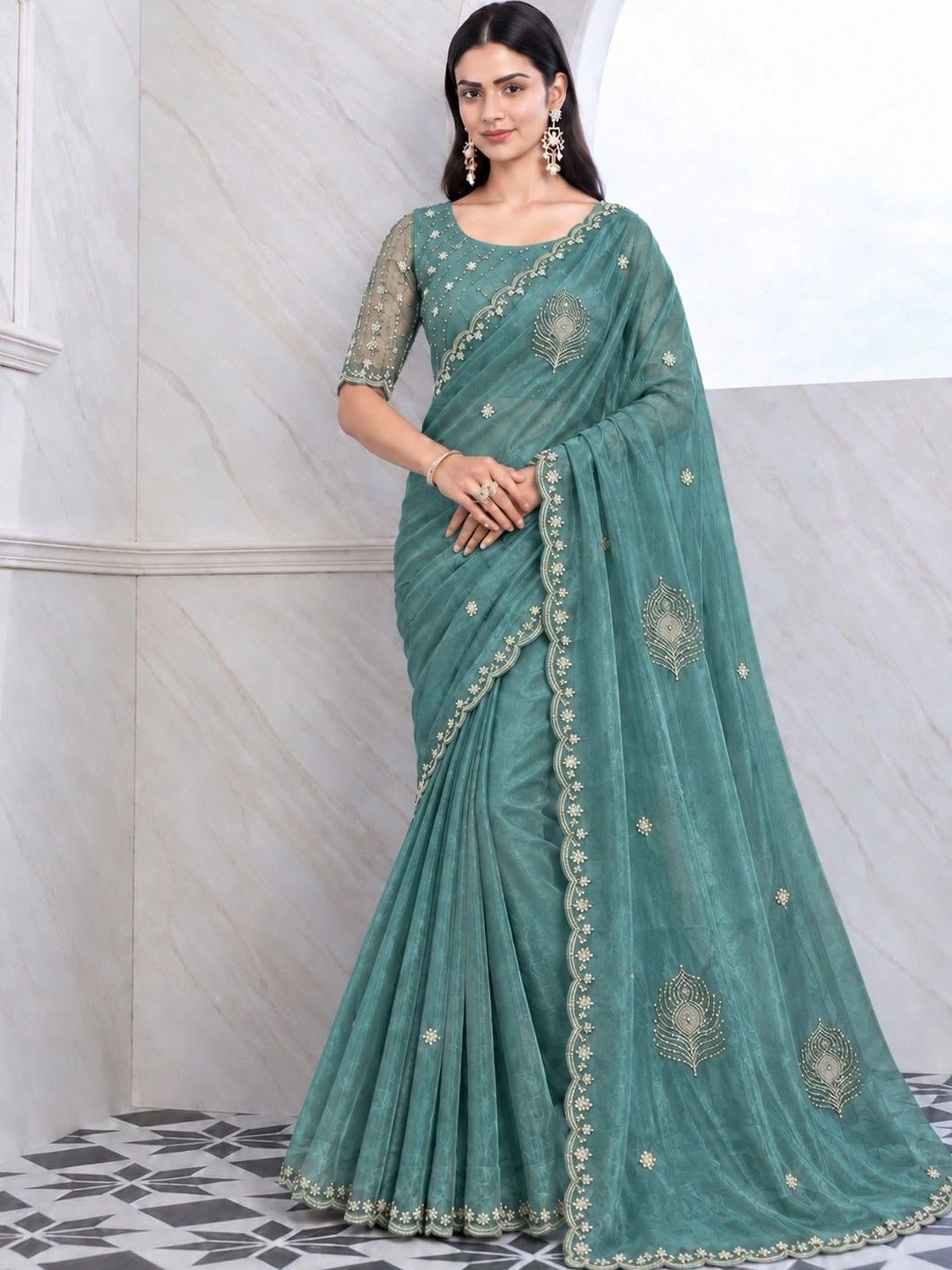 KALINI Tie and Dye Embroidered Tissue Saree - default view