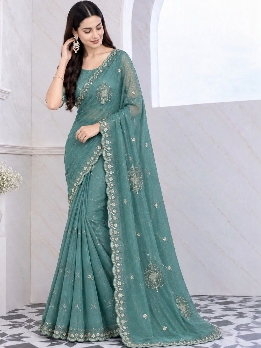 KALINI Tie and Dye Embroidered Tissue Saree - back view