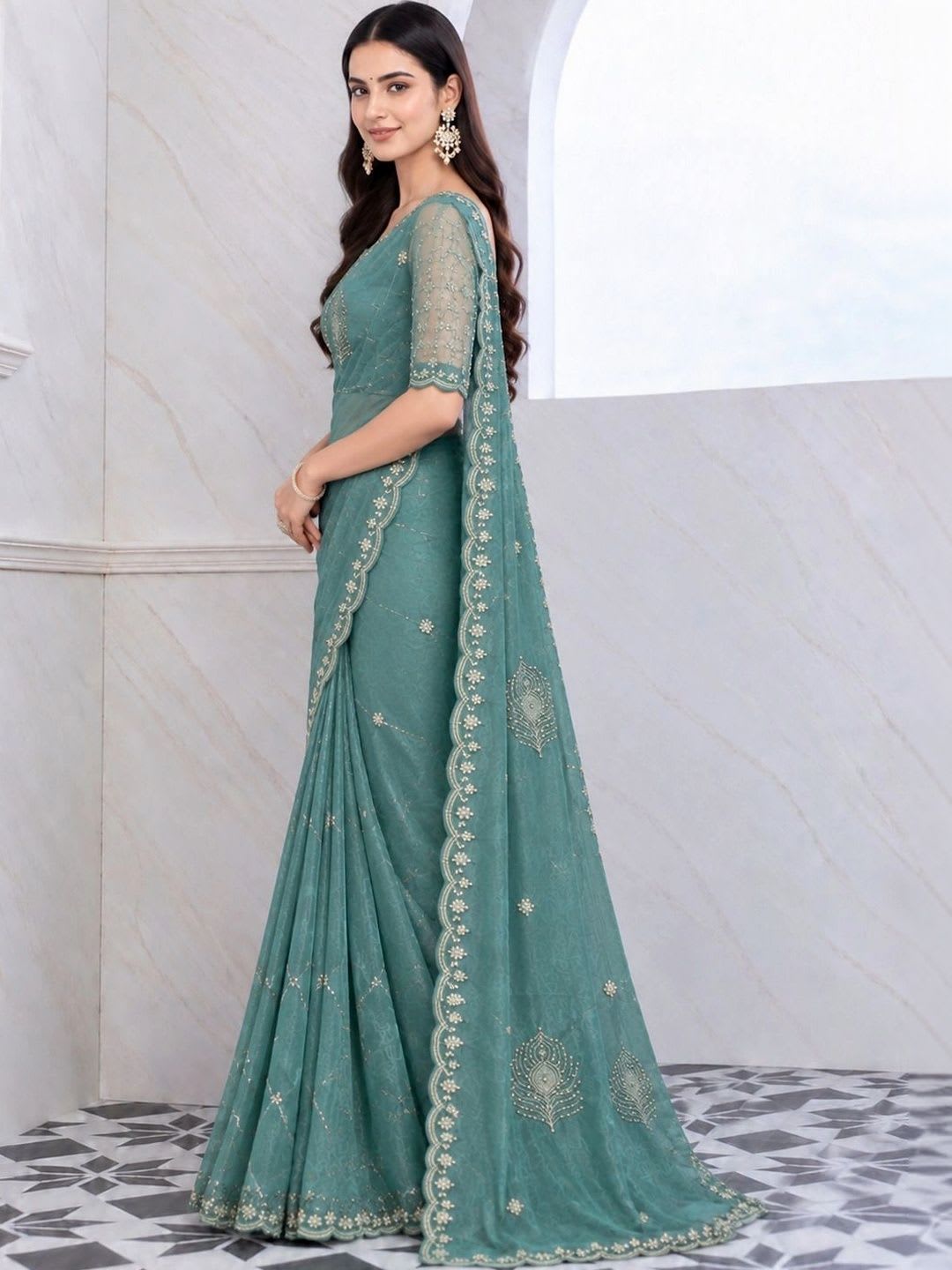 KALINI Tie and Dye Embroidered Tissue Saree - left view