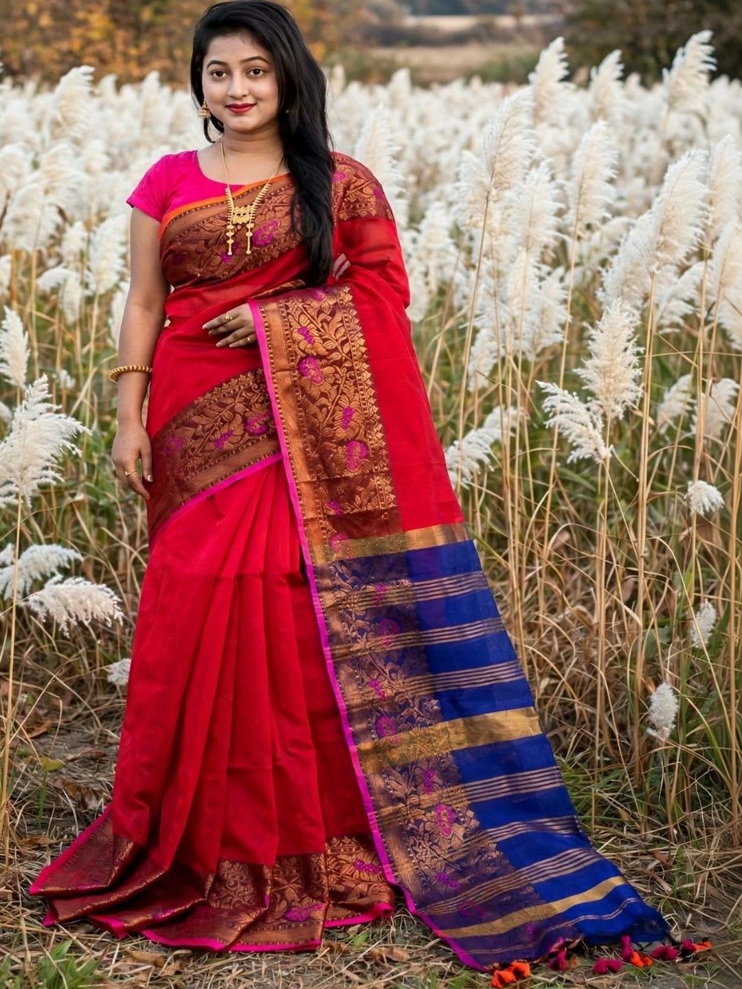 ANU INDIAN FASHION Woven Design Zari Pure Cotton Khadi Saree - back view