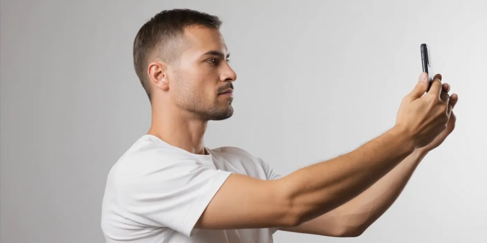 Proper smartphone positioning at eye level demonstrating correct ergonomic technique for text neck prevention