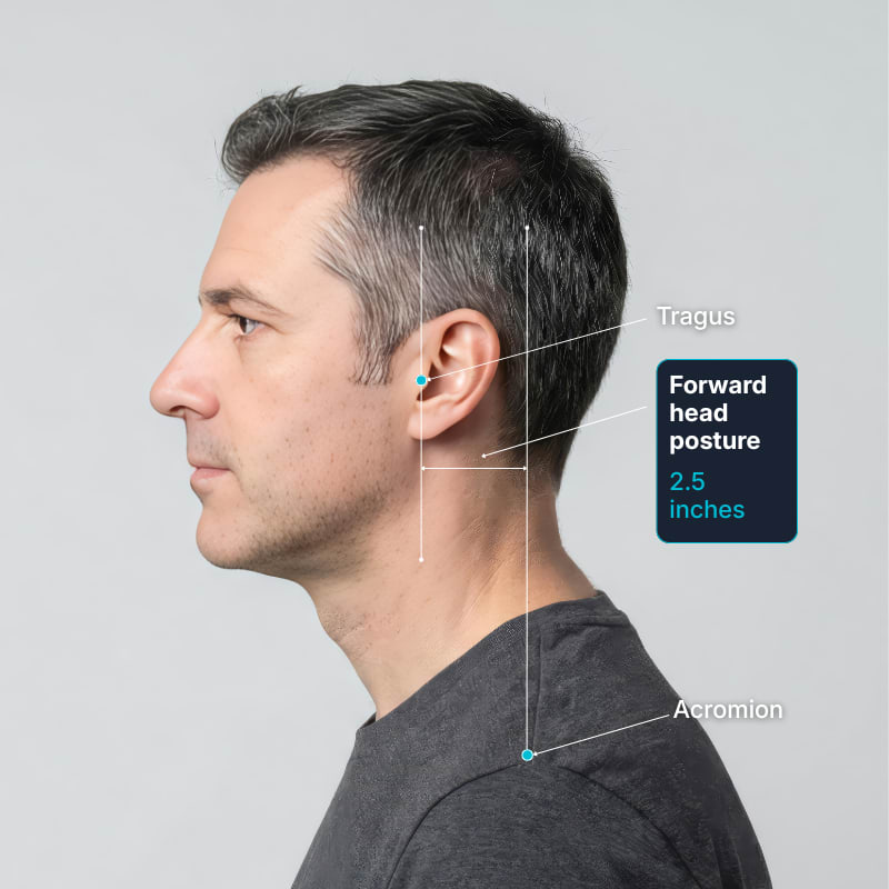 Forward head posture measurement showing head 2.5 inches ahead of shoulders