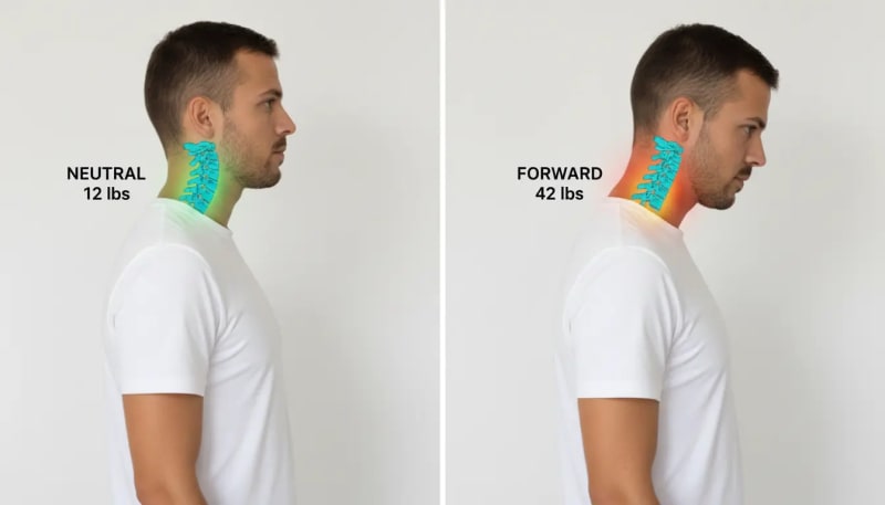 Medical comparison showing cervical spine pressure in neutral posture versus forward head posture with stress visualization