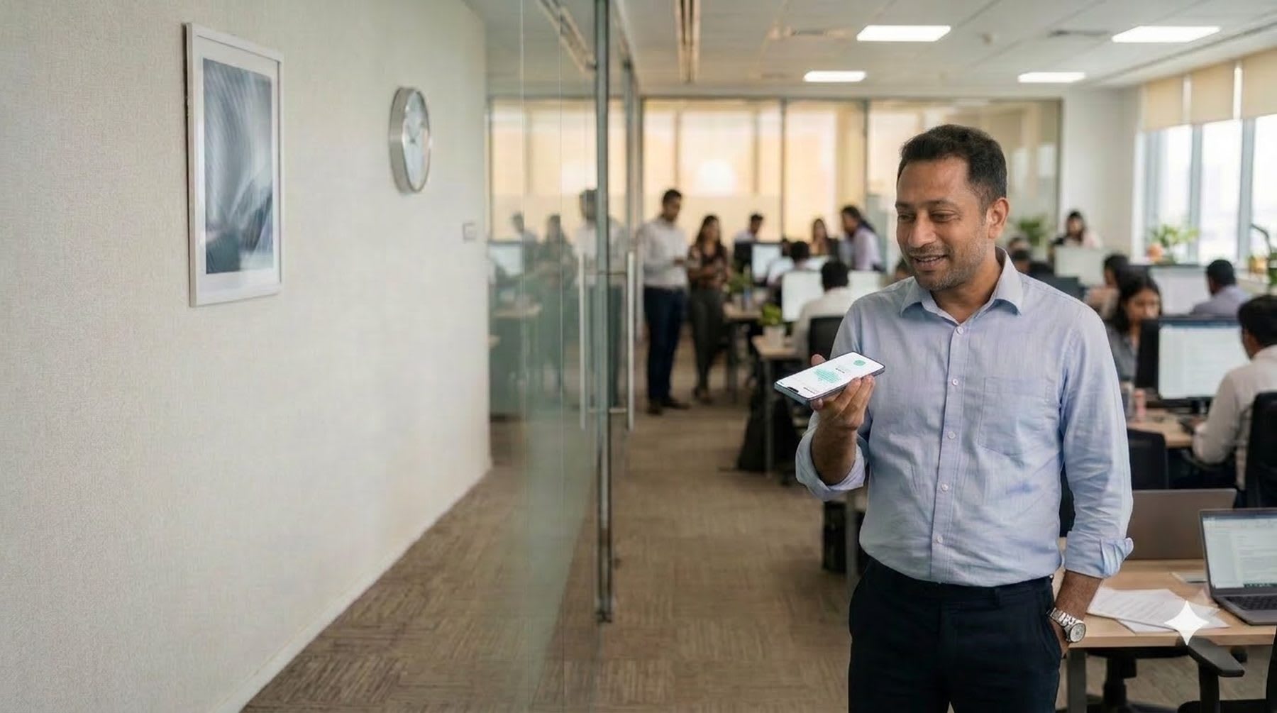 The owner speaking a task into his phone as a voice note, his team working behind him