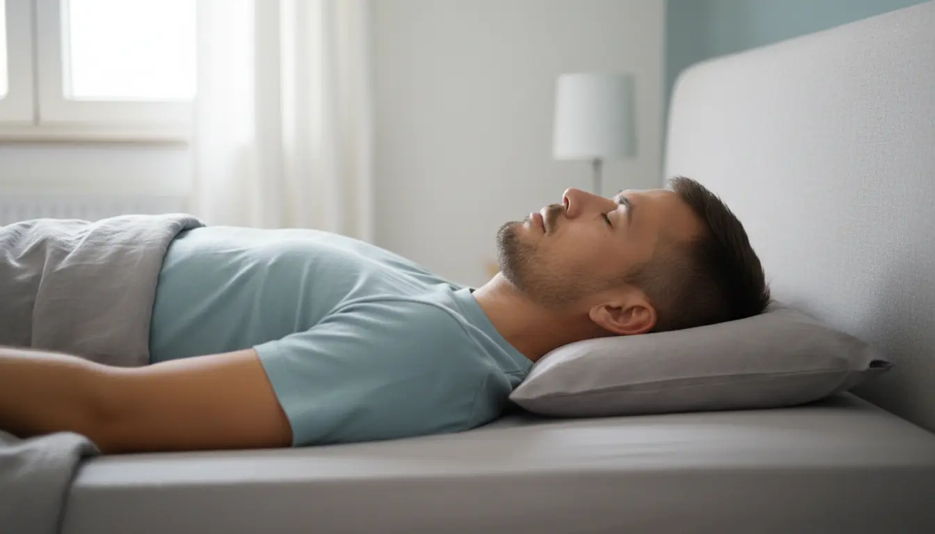 Correct sleep position for dowager's hump showing single thin pillow for back sleeping and proper pillow height for side sleeping