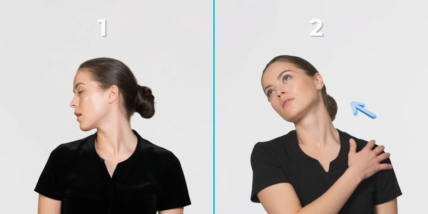 Front neck release exercise stretching sternocleidomastoid muscle for forward head posture correction