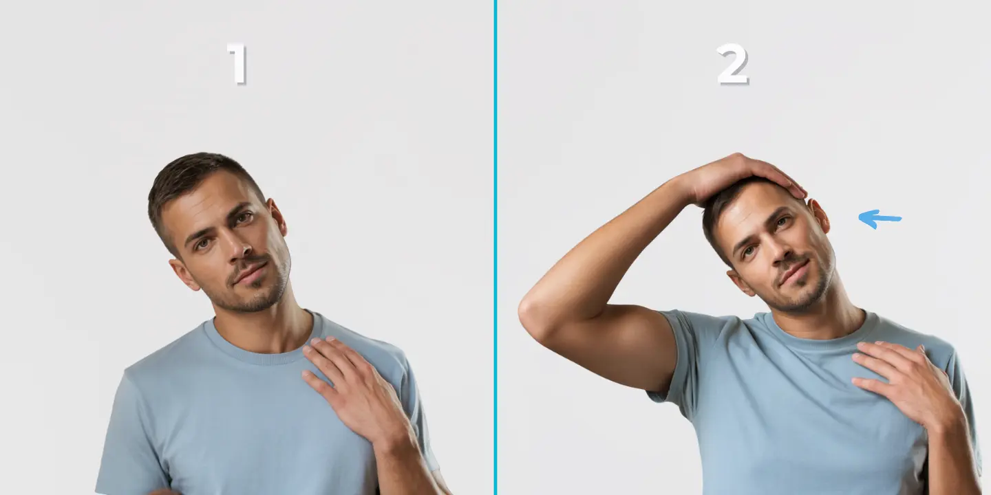 Shoulder tension release stretch targeting upper trapezius and levator scapulae muscles for forward head posture relief