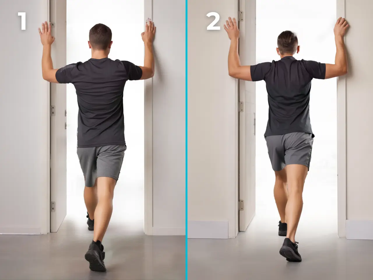 Chest opener doorway stretch exercise for forward head posture correction showing proper arm and body positioning