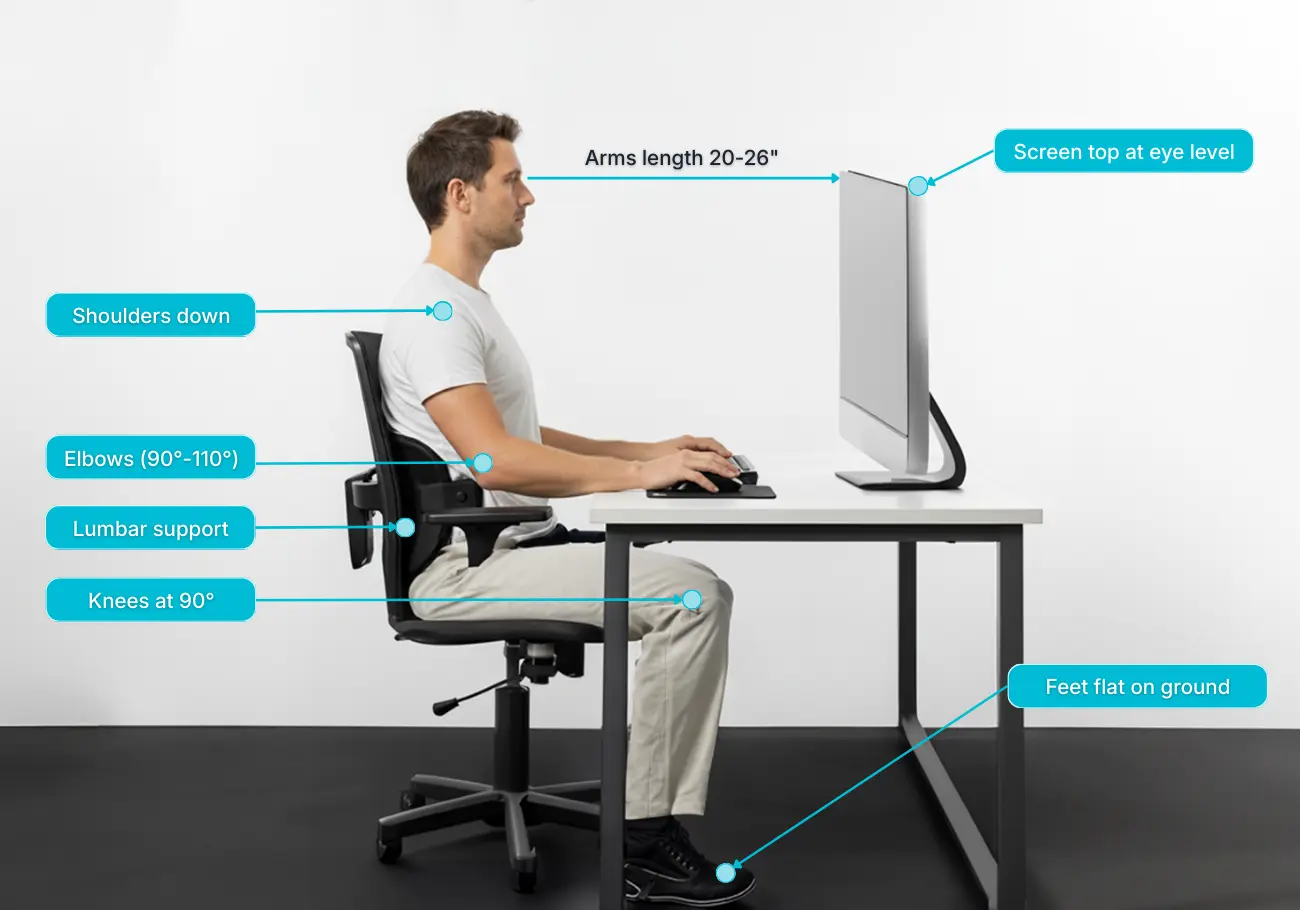 Ergonomic desk setup diagram showing optimal monitor height, viewing distance, and proper seating position to prevent forward head posture