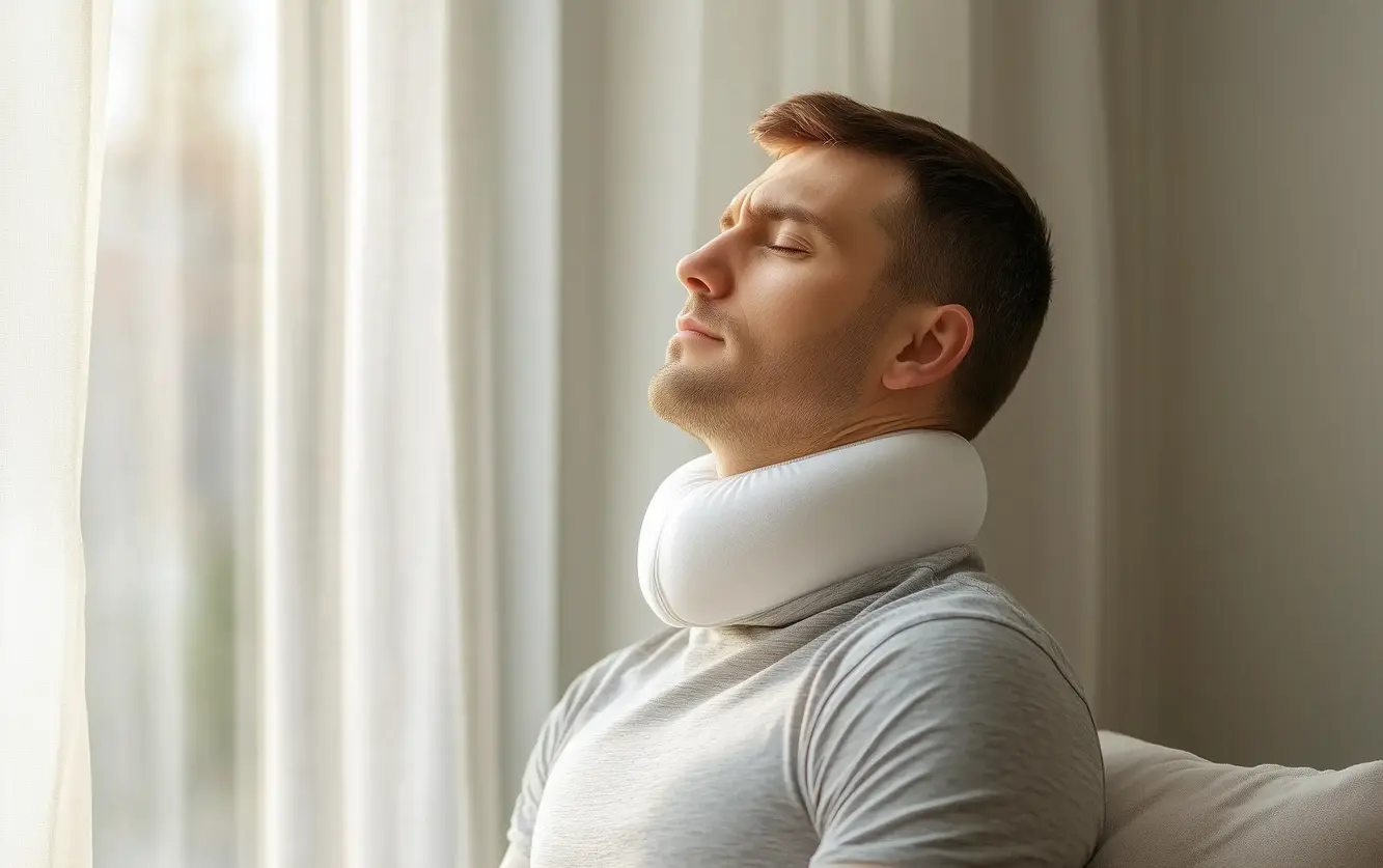 Man using heating pad wrapped around neck for chronic pain relief and muscle relaxation