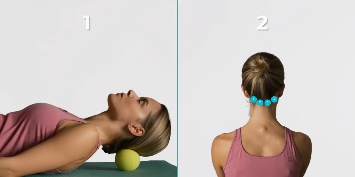 Tennis ball suboccipital release technique demonstration showing proper positioning at the base of skull for stiff neck relief