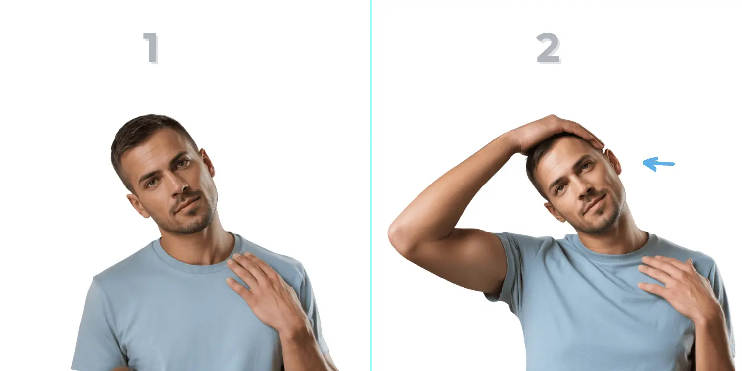 Scalene release technique demonstration showing person with fingers applying gentle pressure to side neck muscles while head is tilted