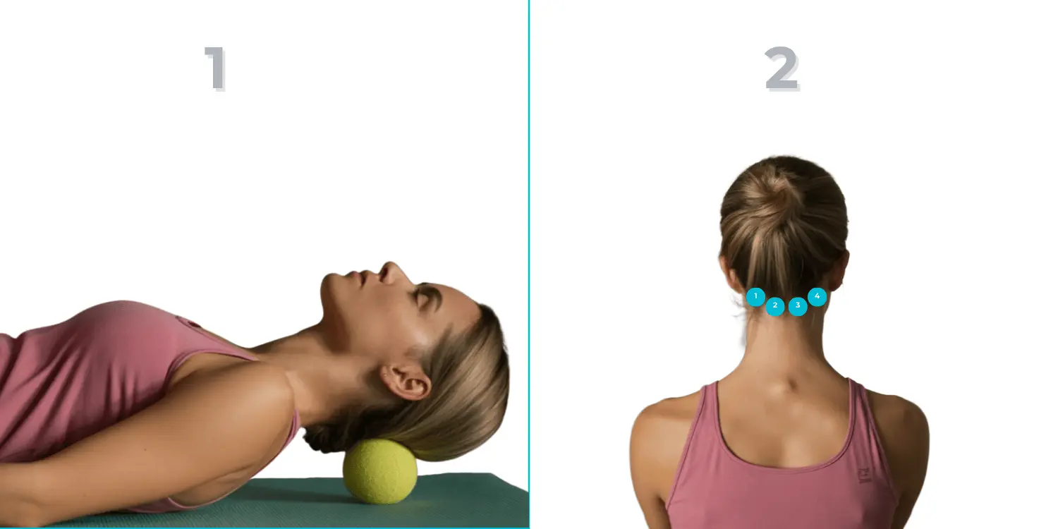 Suboccipital release technique demonstration showing person lying on back with tennis ball placed at skull base for neck muscle release